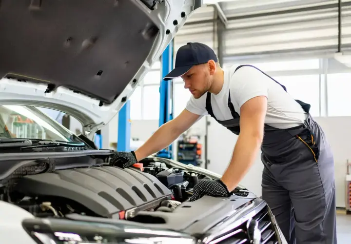 Mécanicien vérifiant le moteur d'une BMW Série 1. Il est temps de vérifier où mettre le liquide de refroidissement.