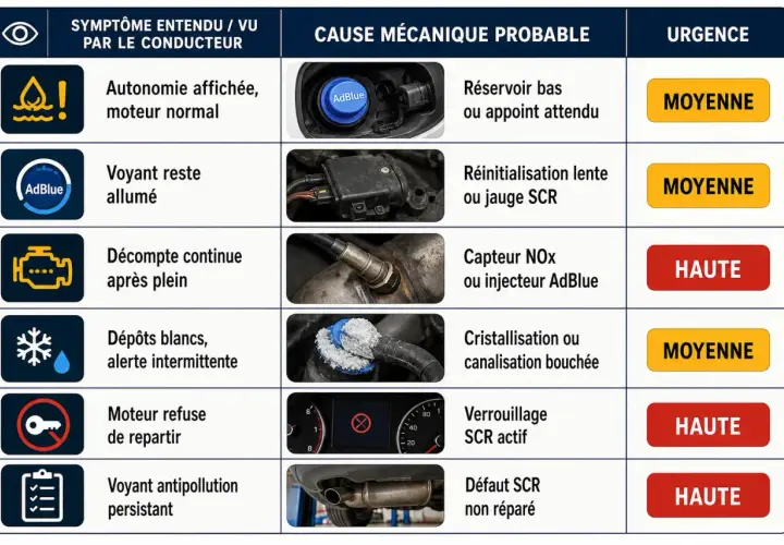Tableau des symptômes liés à l'AdBlue : une fuite injecteur AdBlue peut causer des dépôts blancs ou un voyant antipollution persistant. Urgence haute.