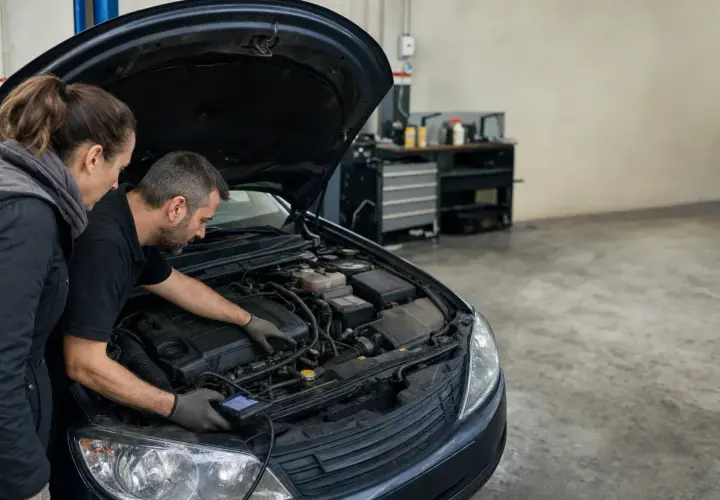 Mécanicien et cliente examinant le moteur d'une voiture, craignant de rouler sans liquide de refroidissement.