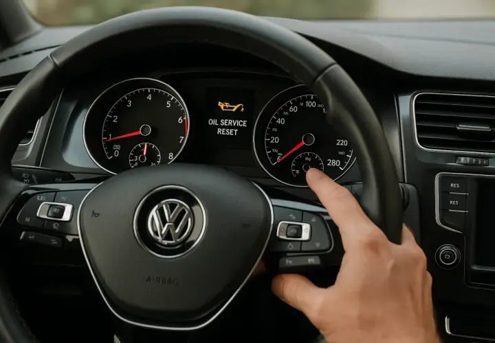 Tableau de bord d'une Golf 7 avec le message "OIL SERVICE RESET" affiché. Une main appuie sur un bouton pour la vidange.
