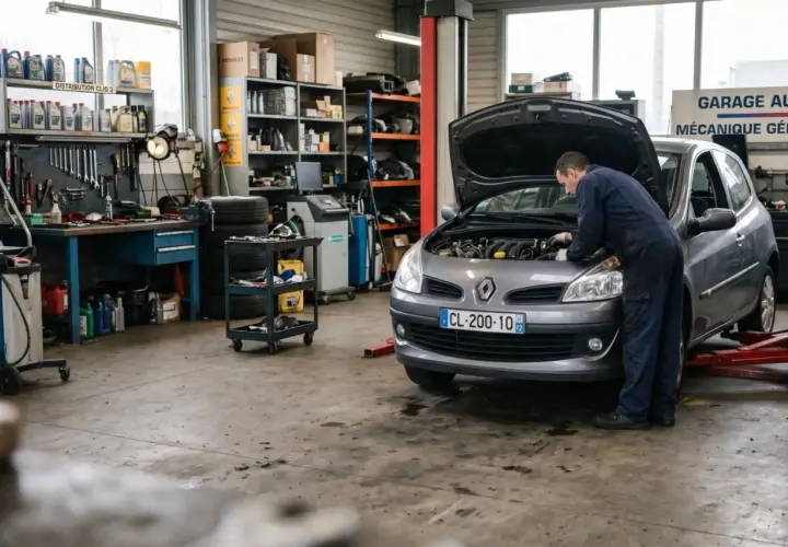 Mécanicien travaillant sur une Clio 3 dans un garage. Le capot est ouvert, révélant le moteur. Des outils et des pièces sont visibles sur les étagères.