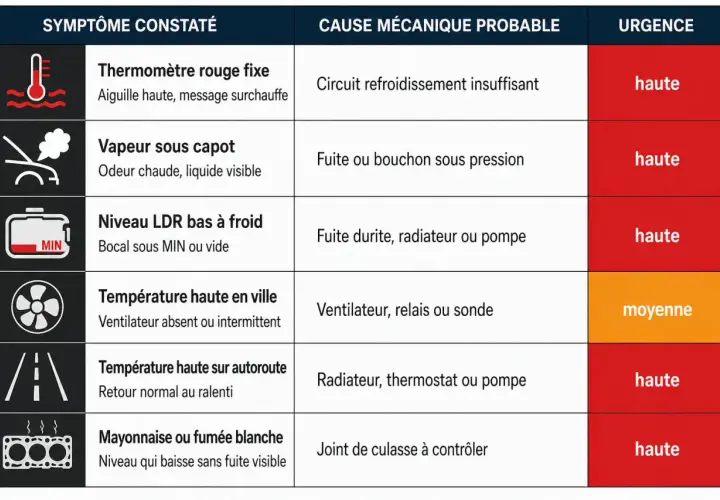Tableau des symptômes de surchauffe moteur : thermomètre rouge, vapeur, niveau bas, ventilateur, mayonnaise/fumée blanche. Causes et urgence indiquées.