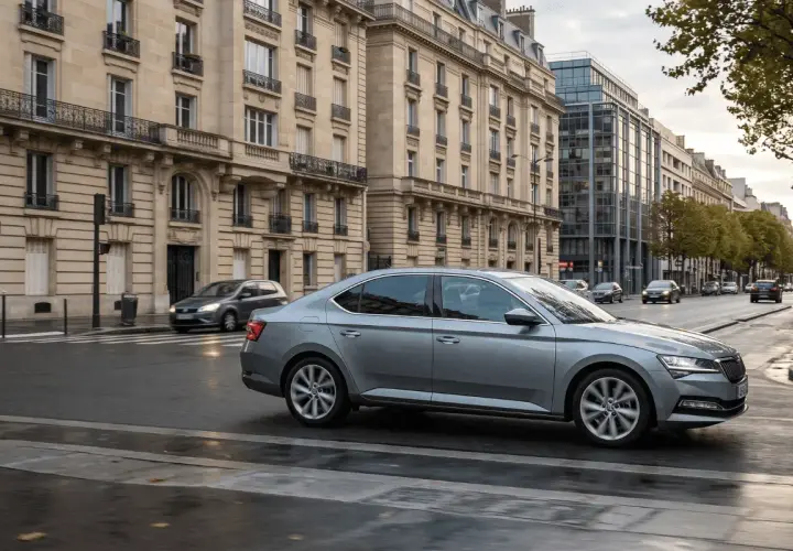 Une voiture grise circule dans une rue parisienne bordée d'immeubles haussmanniens. Une question se pose : c'est quoi ZFE ?