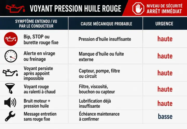Tableau expliquant les causes et urgences du voyant **huile moteur rouge** : bip, alerte en virage, bruit moteur, etc. Urgence haute ou basse.