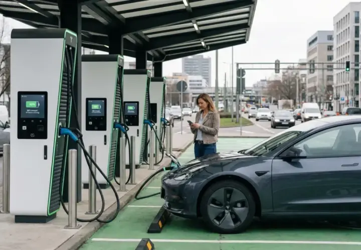Une femme utilise son téléphone pendant que sa voiture électrique se recharge à une borne publique. Une solution pratique pour comment recharger une voiture électrique sans garage.