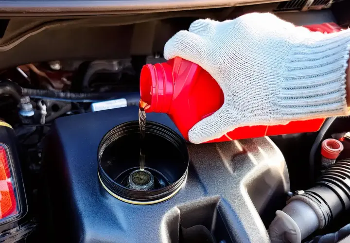 Maintenant, vous savez où se trouve le liquide de frein de votre Mini Cooper. Une main gantée verse le liquide d'un bidon rouge dans le réservoir.