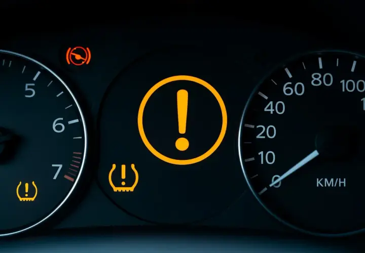 Tableau de bord d'une voiture avec voyant moteur point d'exclamation allumé, ainsi que des voyants de pression des pneus et de frein à main.