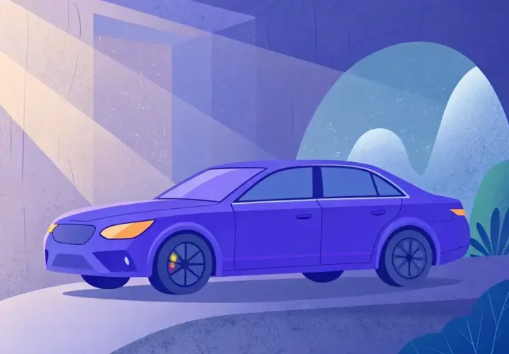 Une voiture violette, une voiture qui ne démarre pas, est garée sous des rayons de lumière dans un décor stylisé.