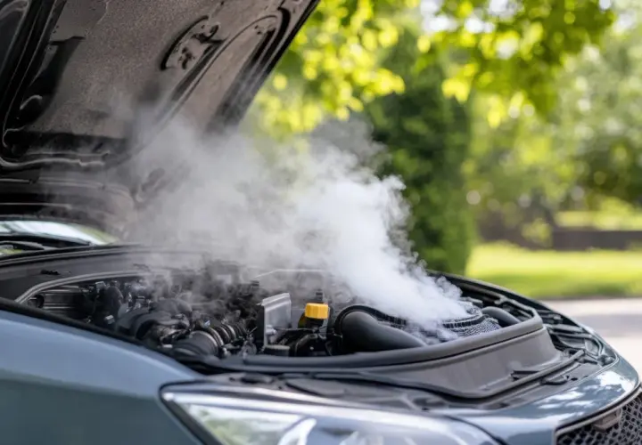 La voiture qui chauffe en roulant émet une épaisse fumée blanche du capot ouvert. Le moteur est visible sous la vapeur.