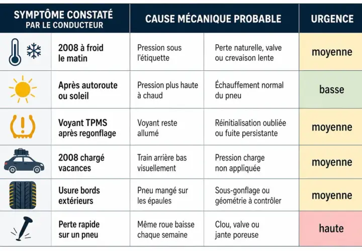 Tableau des symptômes de pression pneu voiture : froid, chaud, voyant TPMS, charge, usure, perte rapide. Causes et urgence associées.
