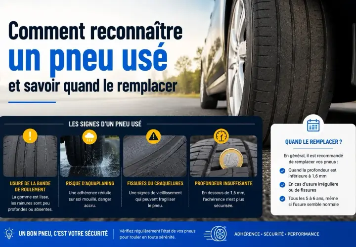 Un pneu usé sur le flanc, avec des fissures et une profondeur insuffisante, indique qu'il faut le changer pour garantir votre sécurité.