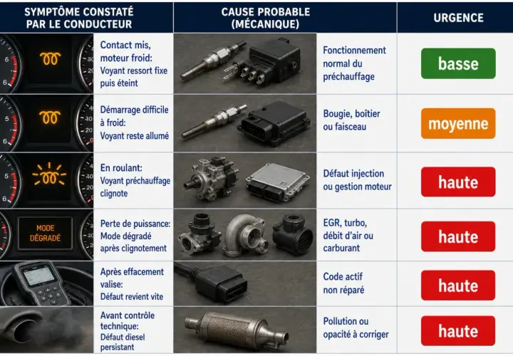 Tableau des symptômes de panne d'une voiture qui s'éteint en roulant diesel, avec causes et urgence.