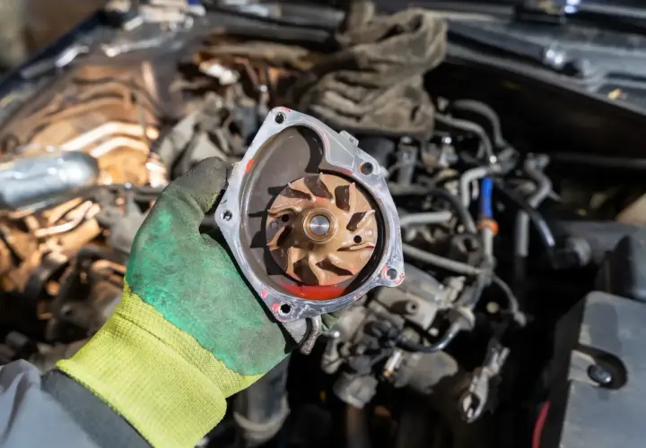 Main d'un mécanicien tenant une pompe à eau de voiture démontée, révélant la turbine rouillée.