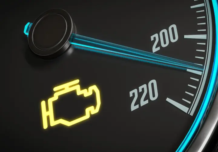 Voyant moteur jaune allumé sur le tableau de bord, signalant un problème. Le témoin clignote et s'éteint, indiquant une alerte.