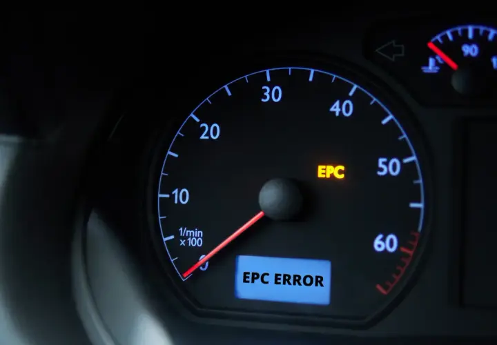Tableau de bord d'une Volkswagen avec le voyant EPC allumé, indiquant une erreur.
