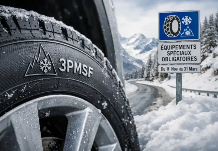 Pneu 3PMSF sur route enneigée. Panneau "Équipements spéciaux obligatoires" rappelant les départements pneus neige obligatoire.