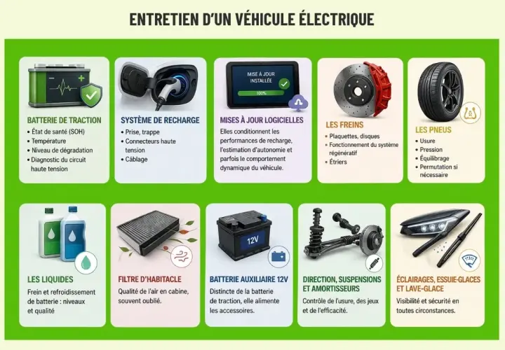 Guide d'entretien d'une voiture électrique : batterie, recharge, freins, pneus, liquides, filtres, etc. pour une révision complète.