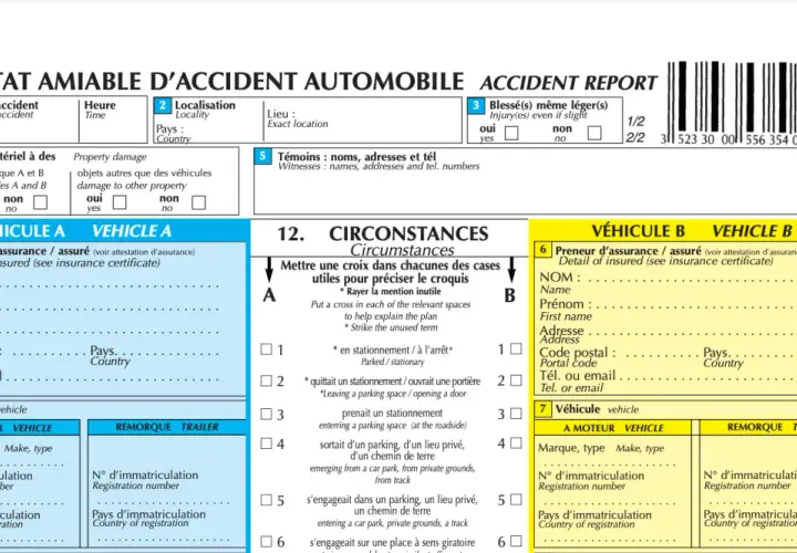 Formulaire de constat amiable d'accident automobile, avec des champs pour les détails de l'accident, des véhicules et des témoins.