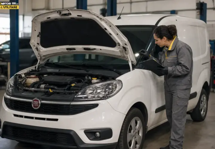 Mécanicienne vérifiant le moteur d'un Fiat Doblo blanc. Le capot est ouvert, révélant le compartiment moteur. Elle tient une tablette et un stylo.