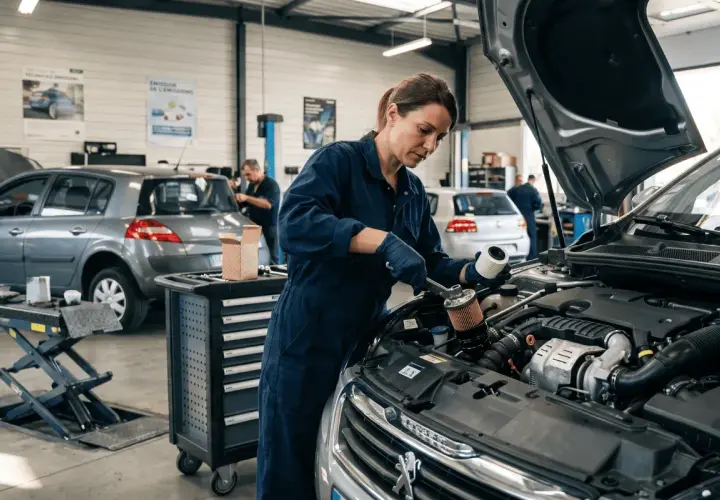 Mécanicienne effectuant l'entretien d'une voiture diesel, remplaçant un filtre à huile.