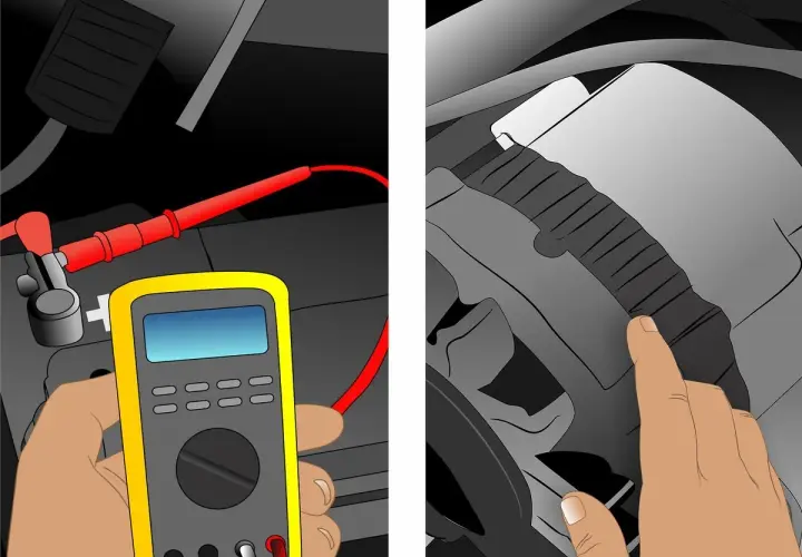 Diagnostic d'un alternateur qui fonctionne mais ne charge pas la batterie. Un multimètre est utilisé pour tester la tension de la batterie.