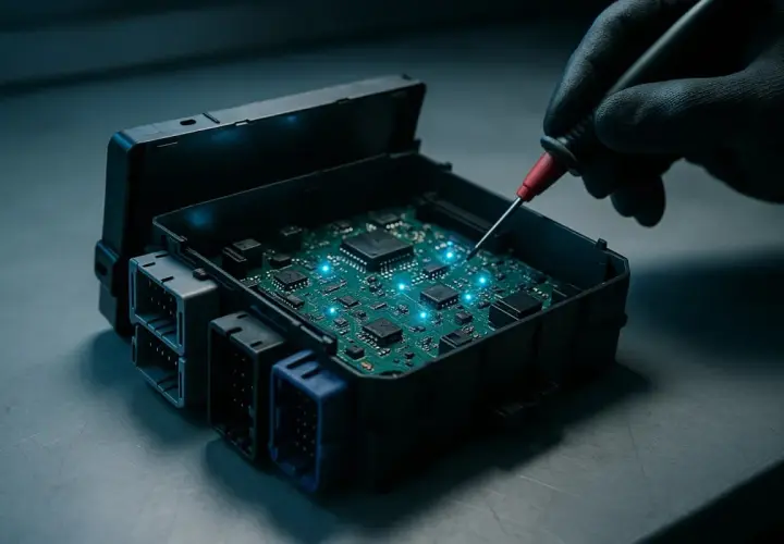 Réparation d'un boîtier électronique de bsi voiture. Une main gantée utilise un outil pour tester la carte mère illuminée.