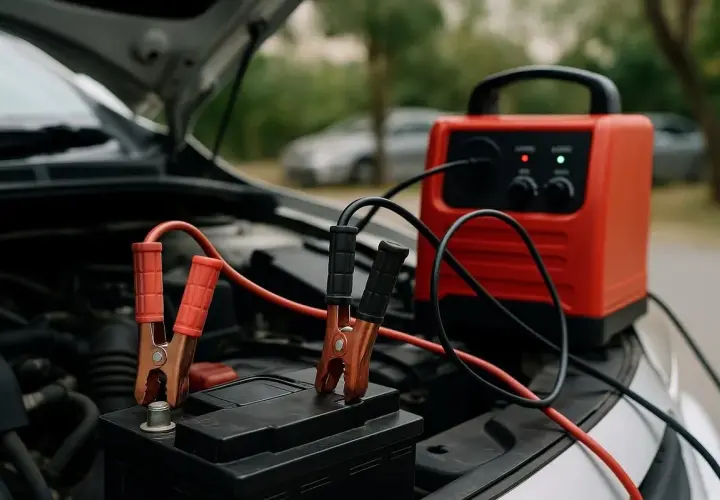 Chargeur de batterie rouge connecté à une batterie de voiture. Combien de temps rouler pour recharger une batterie ? Cela dépend de l'état de la batterie.