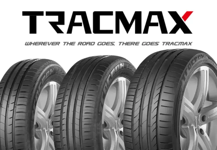 Trois pneus Tracmax sur fond blanc, avec le logo Tracmax en haut. Un avis sur ces pneus est disponible.
