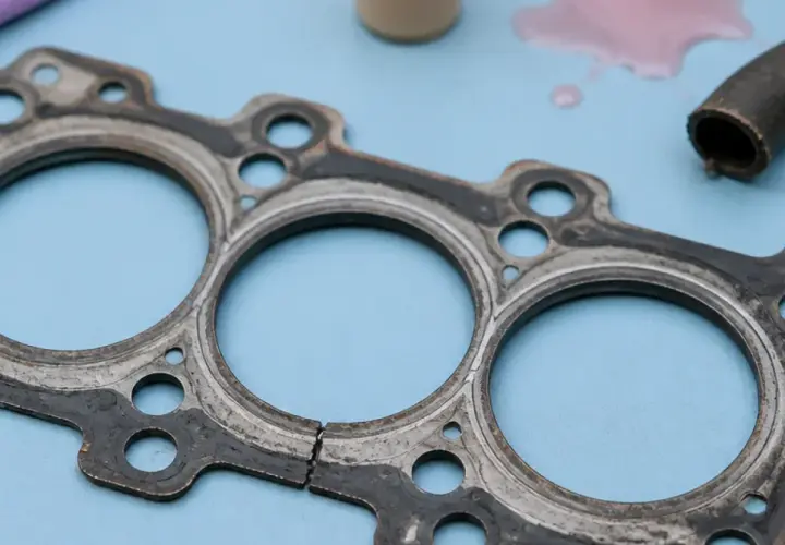 Un joint de culasse usé, prêt à être remplacé. Des traces de liquide de refroidissement rose et un tuyau sont visibles à proximité.