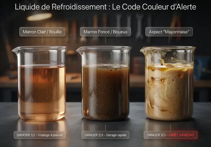 Trois béchers montrent l'évolution du liquide de refroidissement : clair/rouille, marron foncé/boueux, et aspect "mayonnaise". Un liquide de refroidissement marron foncé indique un danger.
