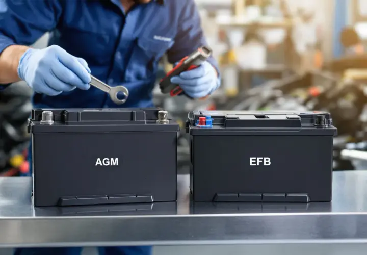 Mécanicien examinant deux batteries, une AGM et une EFB, pour un véhicule avec système start and stop.