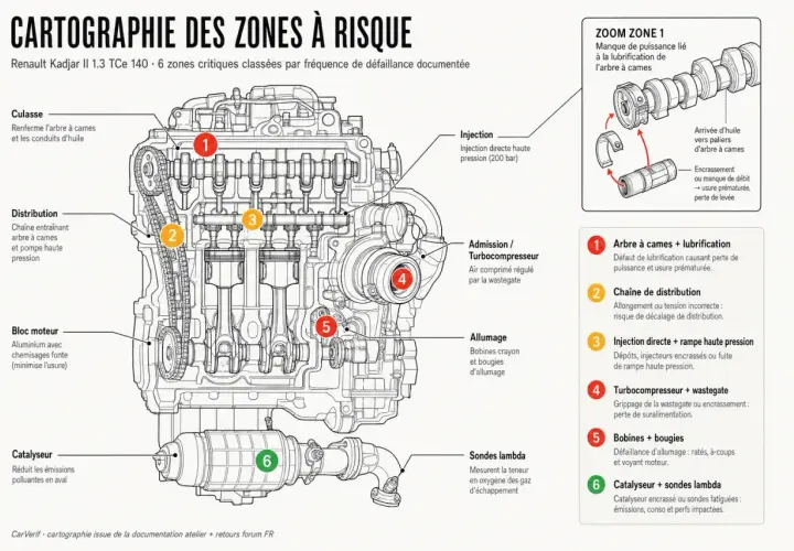 Schéma du moteur Renault Kadjar II 1.3 TCe 140, illustrant les 6 zones critiques pour l'entretien et les risques de défaillance.