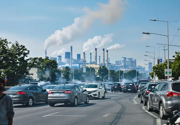 Trafic dense sous un ciel pollué par les cheminées d'une usine, un contrôle impossible des émissions à l'échappement.