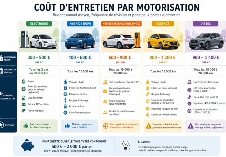 Coût d'entretien voiture : budget annuel, fréquence de révision et postes principaux pour chaque motorisation.