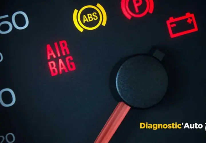 Tableau de bord d'une voiture avec le voyant "AIR BAG" allumé en rouge, signalant un problème. Le voyant ABS est jaune.