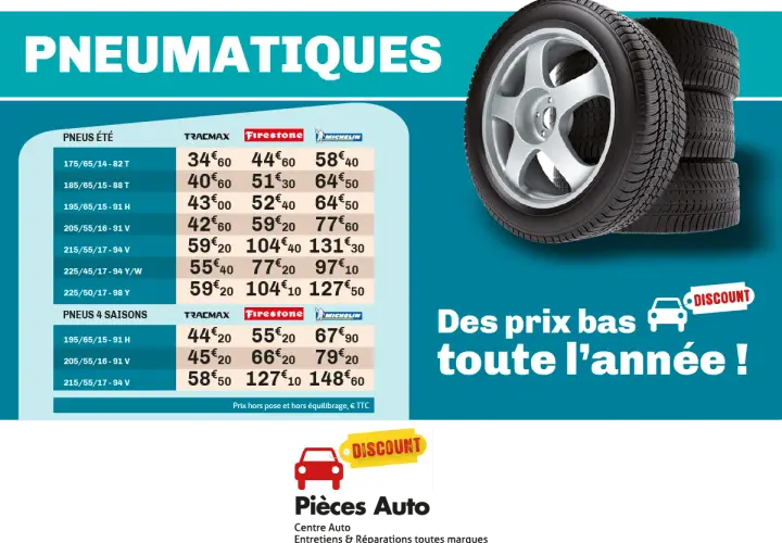 Tableau comparatif des prix pour le changement de 4 pneus été et 4 saisons. Découvrez les meilleurs prix pour vos pneus.