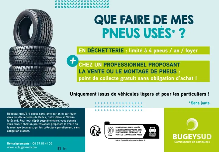 Pile de pneus usagés. Où jeter des pneus ? En déchetterie (4/an/foyer) ou chez un professionnel.