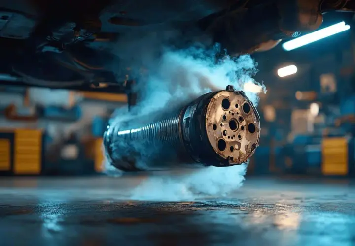 Fumée bleue s'échappant d'un catalyseur HS, symptôme d'un problème d'essence.