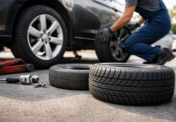 Un mécanicien change un pneu de voiture. Sur le sol, deux pneus usagés et des outils. La question "peut on changer un seul pneu" se pose.