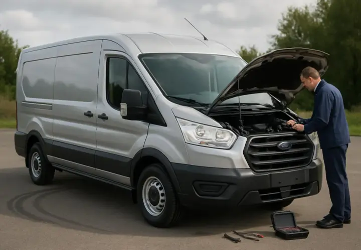 Un mécanicien effectue l'entretien d'un Ford Transit 170cv, capot ouvert, avec une trousse à outils à proximité.