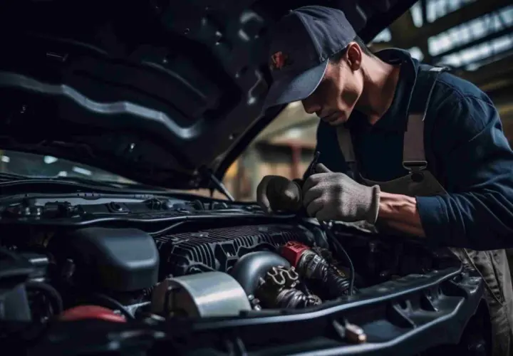Mécanicien concentré sur le moteur d'une voiture, assurant le rodage parfait pour une performance optimale.