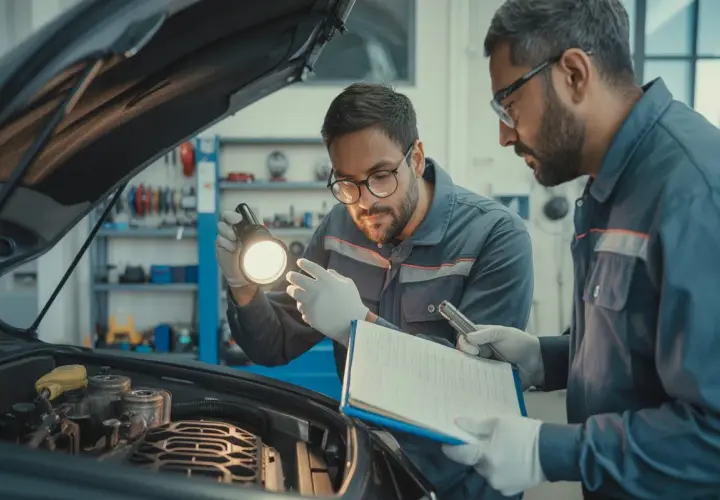 Mécaniciens examinant un moteur pour une voiture qui consomme de l'huile sans fuite visible. L'un éclaire avec une lampe torche, l'autre consulte un carnet.