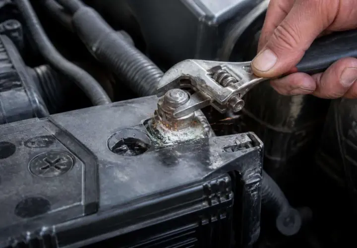Serrage d'une cosse de batterie avec une clé, peut-être pour résoudre un symptôme cosse batterie mal serrée.