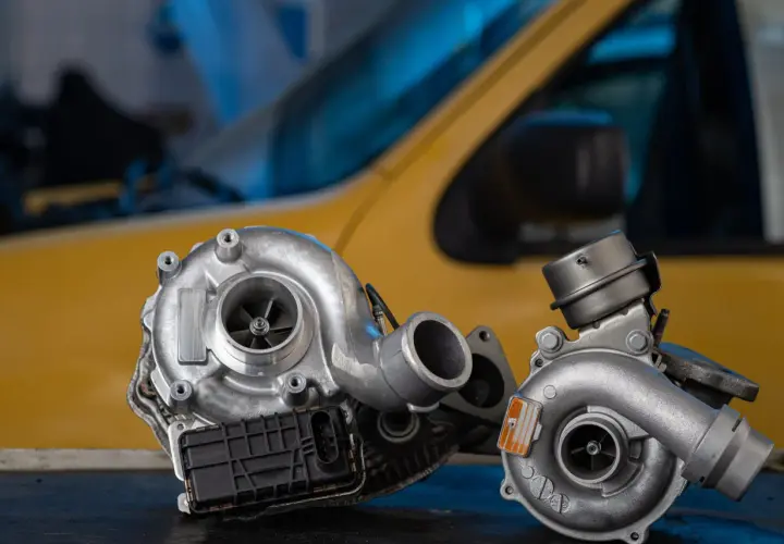 Deux turbos, un échange standard ou neuf, prêts à redonner vie à un moteur. L'un est plus grand, l'autre plus compact, tous deux symboles de puissance retrouvée.