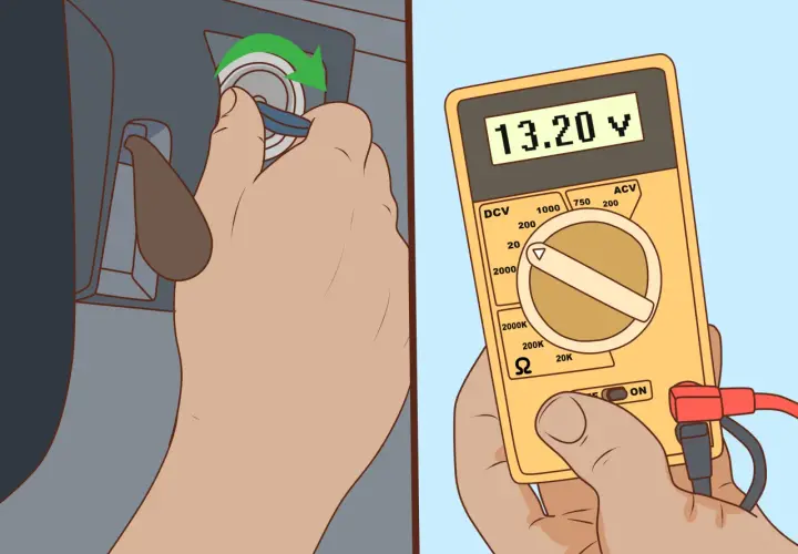 Main gauche insère une clé dans un contacteur. Main droite tient un multimètre affichant 13.20V, indiquant un problème de batterie qui ne charge pas avec chargeur.