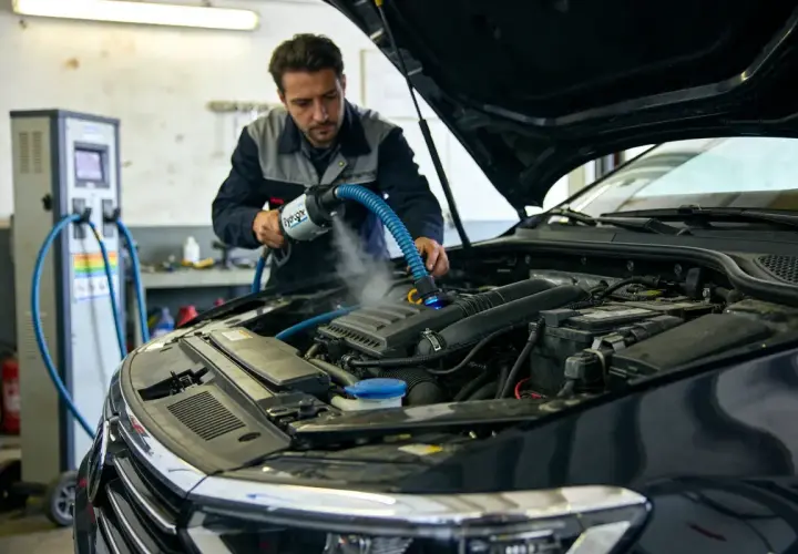 Mécanicien effectuant un nettoyage hydrogène sur un moteur diesel. La vapeur s'échappe de l'appareil.