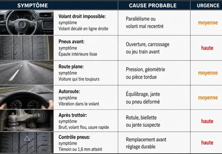 Tableau des symptômes de voiture : volant qui tire, usure des pneus, vibrations. Causes probables : parallélisme, géométrie, jantes. Urgence : moyenne à haute.
