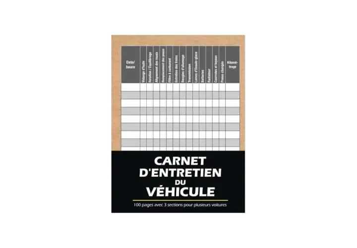 Carnet d'entretien du véhicule avec un tableau pour noter les dates, les kilomètres et les interventions (vidange, pneus, freins, etc.).