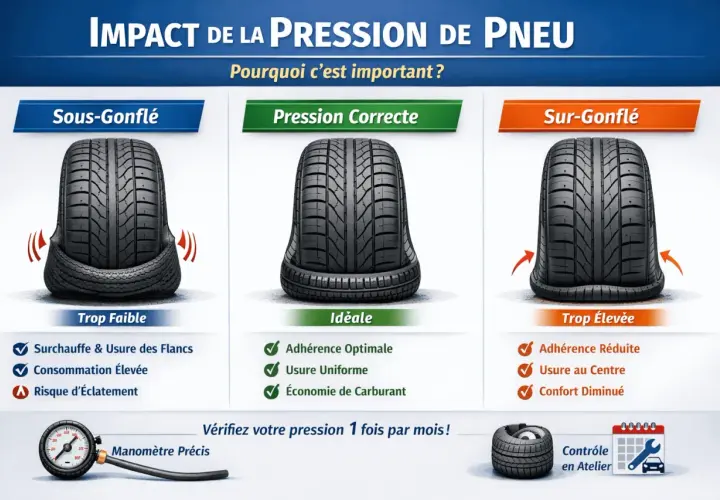 Comparaison de la **taille pneu** sous-gonflé, correcte et sur-gonflé. La pression idéale assure adhérence, usure uniforme et économie de carburant.