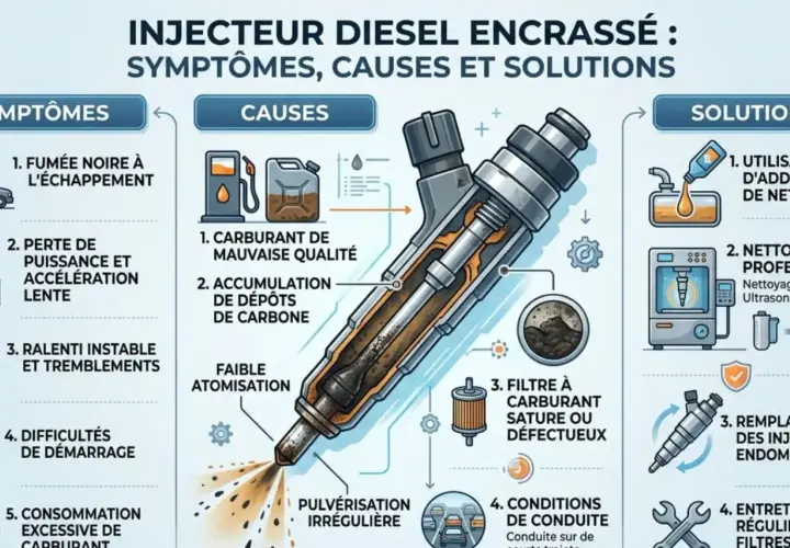 Schéma illustrant les symptômes d'un injecteur diesel encrassé : fumée noire, perte de puissance, ralenti instable, difficultés de démarrage, consommation excessive. Causes et solutions incluses.